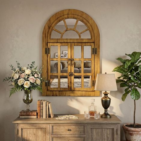 Miroir Mural Fenêtre avec Cadre en Bois à Charnières, Design Volet Pliable pour Salon, Chambre (1/5)