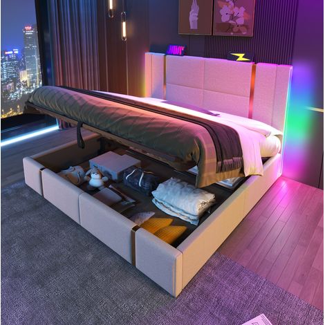 DESVIAE Lit double rembourré 140 x 200 cm avec LED RGB USB et Type C coffre de rangement sommier à lattes tête de lit en lin beige (1/5)
