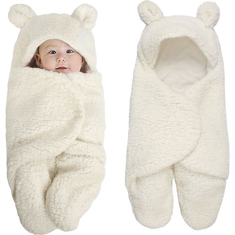 1 gigoteuse en polaire, 42 x 68 cm, blanc, pour bébé de 0 à 6 mois, avec capuche et protection des pieds (1/3)