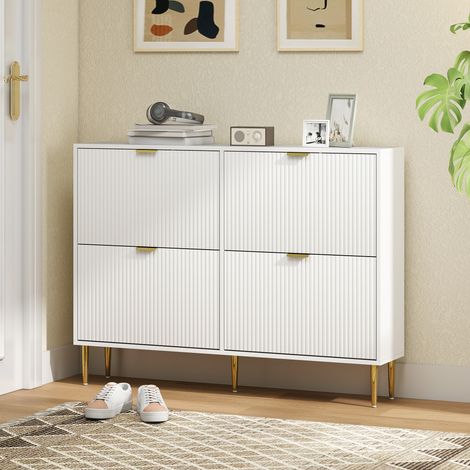 Meuble à Chaussures pour 20 paires, 4 tiroirs rabattables, portes cannelées et étagères réglables, 105x24x91.5cm, blanc