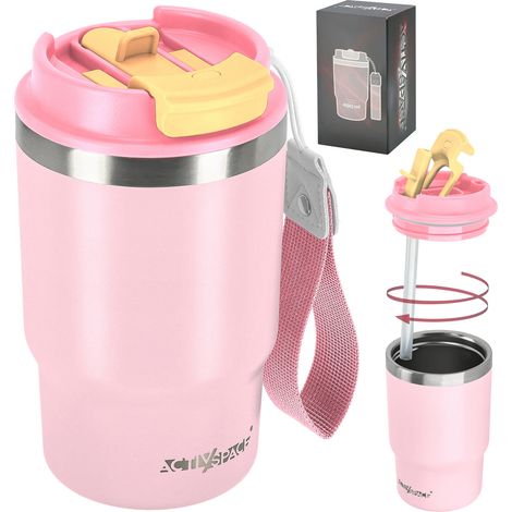 Tazza termica con cannuccia e beccuccio per caffè o tè, a prova di perdite, 480 ml - rosa