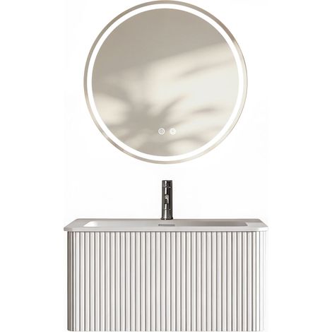 Set mobile bagno 80 cm con specchio LED rotondo bianco, pensile con lavabo integrato e cassetto (1/3)