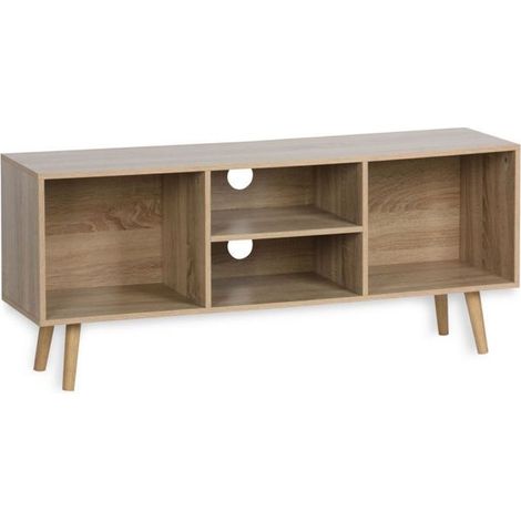 Meuble TV - JUANIO - 110x29x47 cm - 4 compartiments ouverts - Finition chêne - Passe-câbles intégré (1/4)