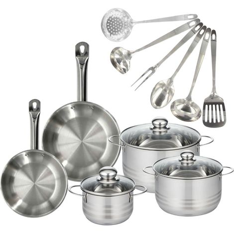 Set 2 poêles 20 et 24 cm en inox, 3 faitouts inox 16, 20 et 24 cm et 6 ustensiles inox Fackelmann Eterna (1/5)