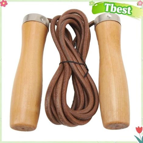 Corde, corde à sauter en cuir de vachette avec manche en bois avec roulement, pour les entraînements de fitness à domicile et les (1/4)