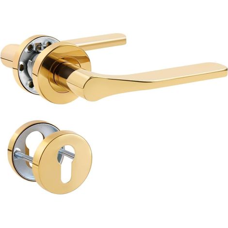 1 Paire - Poignée de porte - Acier inoxydable - Forme L - Finition PVD Gold - Pour porte intérieure et entrée - Rosace ronde - Cylindre profilé
