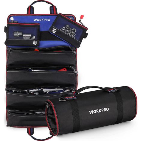 Workpro – Sac à outils enroulable en polyester 720D 57 cm x 36 cm – 6 poches dont 4 zippées – Accroche pour véhicule et rangement compact (1/5)