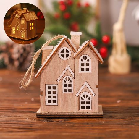 Maison Lumineuse En Bois - Décoration De Noël Pour Arbre Et Intérieur - Pendentif Maisonnette En Bois Avec Éclairage LED - 1 Pièce (1/3)