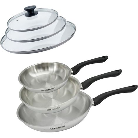 Set 3 poêles 20 24 et 28 cm en inox et 3 couvercles verre Fackelmann Geneva
