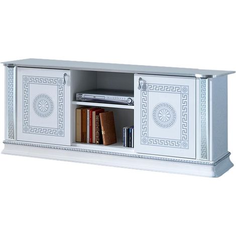 Meuble TV 2 portes 1 niche bois vernis laqué brillant blanc et gris Venus 154 (1/2)