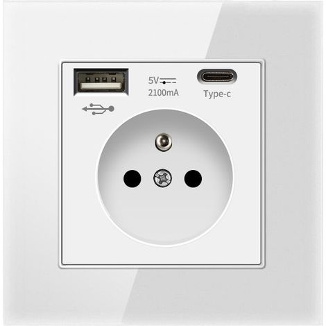 Prise Murale avec USB et Type C, Prise de courant en Verre avec USB 2.1A courant 16 Amp 240V 86mm Blanc