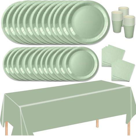 Set de vaisselle de fête 69 pièces vert sauge pour 16 personnes avec nappe