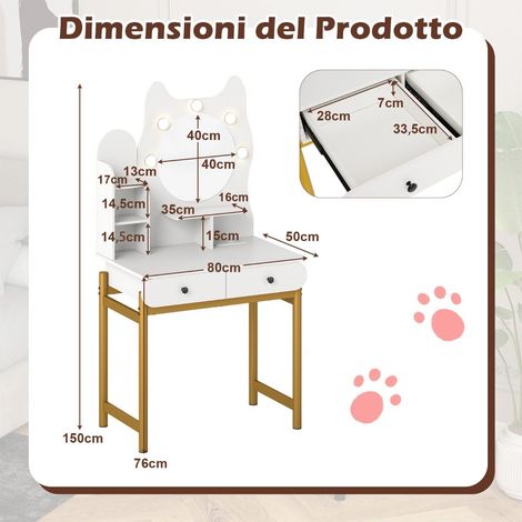 Coiffeuse en forme de chaton avec miroir et lumières, table de maquillage avec station de charge intégrée - blanc (1/5)