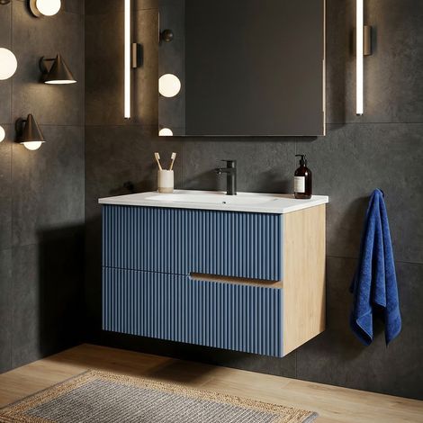 Meuble simple vasque L.80cm à suspendre Chêne naturel 2 tiroirs Bleu Mer cannelé EVA - sans colonne (1/5)