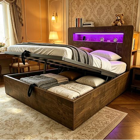 Cama canapé moderna de madera color madera vintage 140x200 cm con cabecero LED, enchufes integrados y almacenaje hidráulico (1/5)