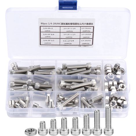 Kit d'assortiment de 90 vis à tête hexagonale creuse en acier inoxydable 1/4-20UNC (1/5)