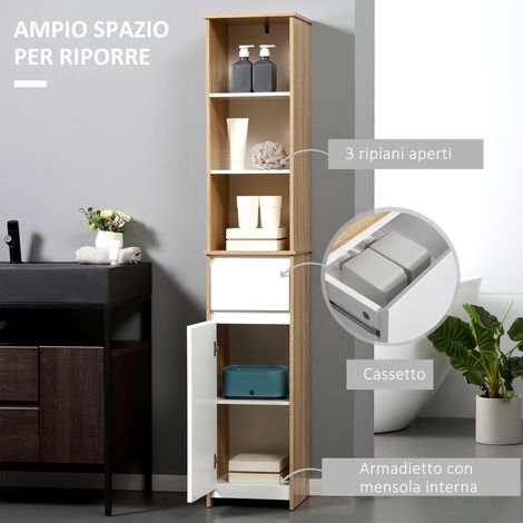 Étagère de salle de bain gain de place avec colonne mobile, étagères, armoire et tiroir, blanche, 32,6 x 30 x 171,2 cm (1/5)