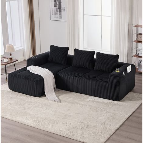 Sofá modular de pana negra 253 x 158 cm con bolsillos laterales, portavasos y 3 cojines (1/5)
