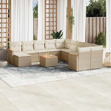 Ensemble Salon Jardin 12 Places Modulaire en Résine Tressée Beige avec 12 Coussins et Table Acacia (1/5)