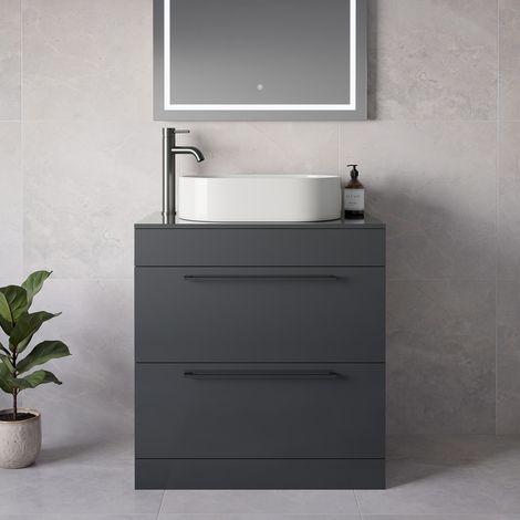 Napoli 460 Gloss Grey 800mm 2 Drawer Vanity Unit for Countertop Basins - 800mm - Gunmetal Grey 480mm Handle