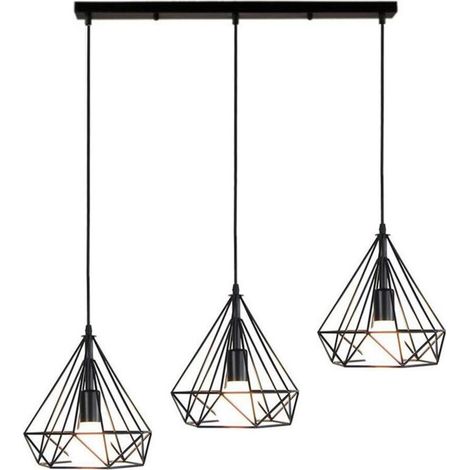 Lustre Suspension Industrielle de 3 lampes, Plafonnier en Métal Fer Abat-Jour forme diamant Luminaire pour Salon Salle à Manger Bar, E27 Noir (1/4)