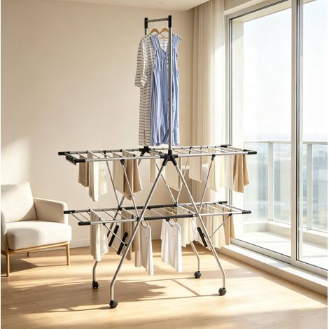 Stendibiancheria pieghevole 138.5x63x208 cm, con ruote, struttura in acciaio inox e PP, nero argento (1/5)