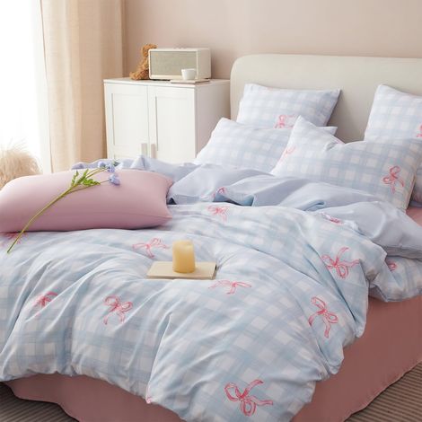 Housse de Couette 220x240cm Bleu Plaid Rose Nœud Papillon Ado Adultes Parure de Lit avec Fermeture Éclair 2 Personne Sets de Housse Couette en Microfibre avec 2 Taie d'oreiller 65x65cm (1/5)