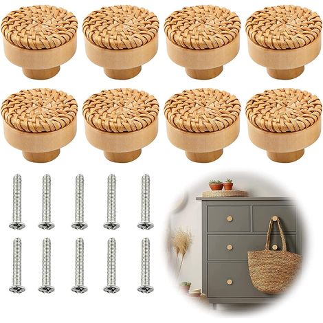Bouton de Meuble 8 Pièces, Poignée Meuble en Rotin Bouton de Meuble Boutons de Tiroir Boutons Armoire Ronds Bouton de Meuble pour Cuisine Armoires Tiroirs Commode Décor (Φ40mm, Lot de 8) (1/5)