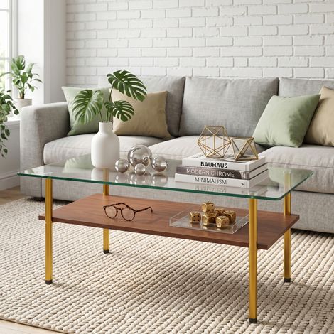 Mesa de centro rectangular de vidrio templado, tablero MDF y metal dorado DESVIAE (1/5)