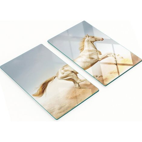 Dos tablas de cocina decorativas de vidrio templado con estampado de caballos, 2x30x52 cm.