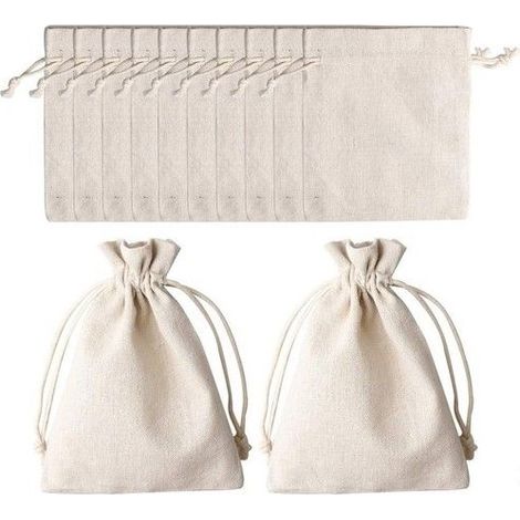 Sacs en tissu avec cordon - Lot de 12 pièces - Dimensions 12x17 cm - Beige - Lin naturel - Respirant et durable (1/4)