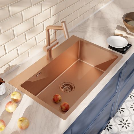 Ceramia Timeless 55x45x21 cm lavello da incasso + miscelatore in acciaio inox con doccetta estraibile, rame spazzolato (1/4)