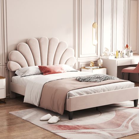DESVIAE Lit double rembourré 140 x 200 cm avec tête de lit fleur sommier à lattes velours beige MDF panneaux de particules métal pour chambre adulte adolescent (1/5)