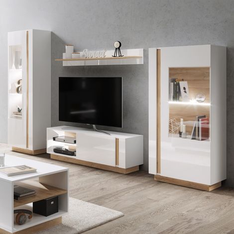 Wandregal Kanazala, Modularer Wohnzimmerschrank, 8 Ablagen, 11 Fächer, Hochglanz Weiß (1/5)