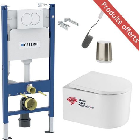 Pack WC Bâti Geberit + WC sans bride Swiss Aqua Technologies + Abattant softclose + Plaque + Brosse Joseph Joseph OFFERTE (1/5)