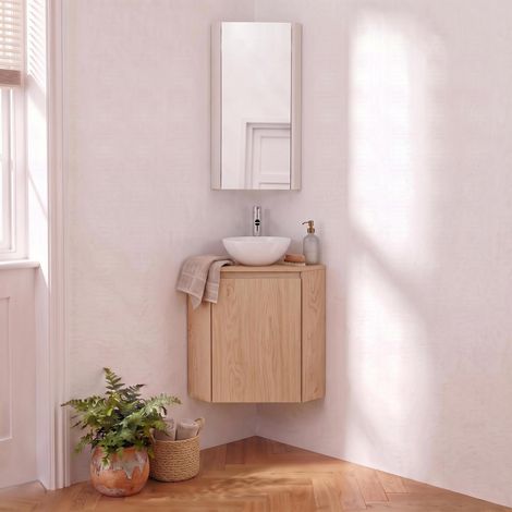 Mob-In – Meuble lave-mains d'angle SORRENTO – Vasque céramique 26cm – Robinet haut chromé – Armoire de toilette avec étagère réglable