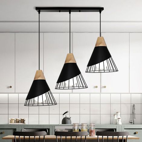 Industrielle Moderne Lustre Suspension 3 Lumières E27 Lampe en Forme Badminton en Métal Bois pour Cuisine Salon Chambre Noir (1/5)