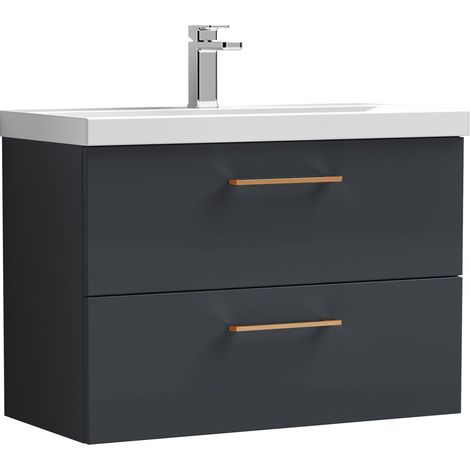 Balterley 800mm Wall Hung Bathroom 2 Drawer Vanity Unit and 1 Tap Hole Ceramic Basin, Satin Dark Grey with Copper Handles