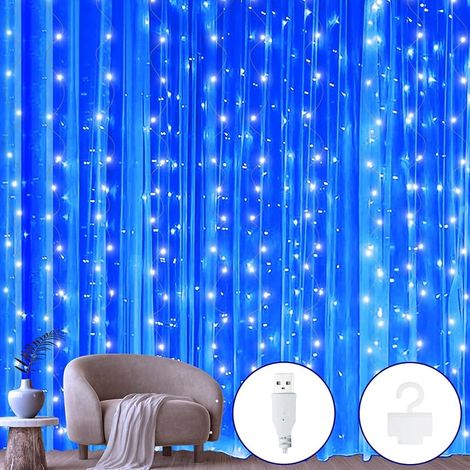 Rideau lumineux LED - 2 x 2 m - 200 LED - Rideau lumineux intérieur USB - Guirlande lumineuse intérieure pour fenêtre avec 10 crochets - Pour décoration intérieure et extérieure - Pour Noël, (1/5)