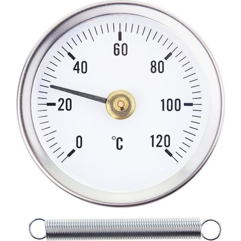 Federbelastetes Thermometer 0–120 °C mit Rohrbefestigungsklemme, bimetallische Edelstahloberfläche – 63 mm (1/5)