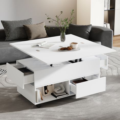 Couchtisch, Höhenverstellbarer Wohnzimmertisch, 3-in-1-Multifunktions mit Rollen,4 Schubladen ,Kaffeetisch,für Wohnzimmer, Homeoffice, Umwandelbar in Wohnzimmer-Esstisch,weiß,100x50x52cm (1/5)
