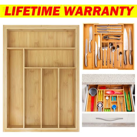 Extendable Bamboo Cutlery Tray Drawer Organizer Storage Insert Compartments Wood (1/5)