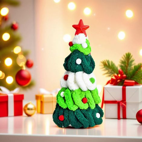 Arbre De Noël En Peluche - Décoration De Bureau Et De Table - Boules Rouges Et Vertes - Ruban Fait Main - 1 Pièce (1/5)