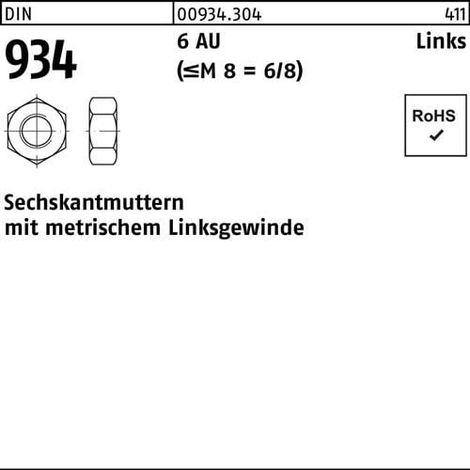 Écrou hexagonal DIN 934 gauche M30 -LH 6 Acier de décolletage 10 pièces