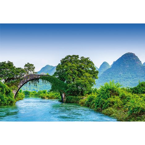 Papier peint panoramique paysage bleu & vert | Tapisserie panoramique turquoise pour chambre | Papier peint panoramique montagne & lac idéal salon - 384 X 260 cm (8 pièces) (1/2)