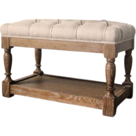 62cm Wooden Frame Buttoned Stool - Wood/Linen - L62 x W48 x H37 cm