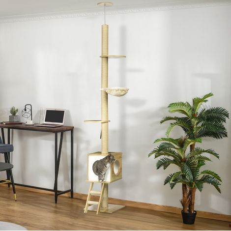 Árbol para gatos de techo 40 x 40 x 260 cm con hamaca, cueva, plataforma, antivuelco OKMYHOME (1/5)