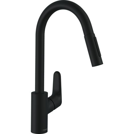 Hansgrohe – Robinet de cuisine noir mat avec douchette extractible 2 jets – Bec orientable 100°/150° – QuickClean et ComfortZone