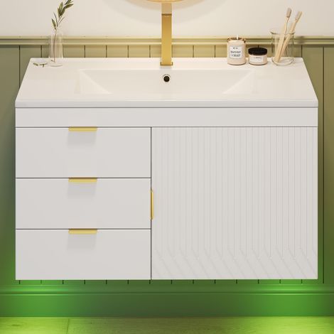 Meuble vasque 76 cm suspendu avec LED et app - Rangement blanc effet bois - Sans robinet (1/5)