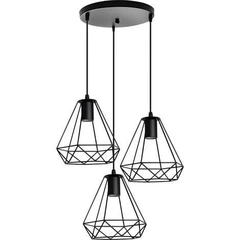 Vintage Metall 20cm Pendelleuchte, Lüster in Rautenform, 3-flammige E27 Lüster + Runde Stütze für Küche Wohnzimmer Restaurant Schwarz